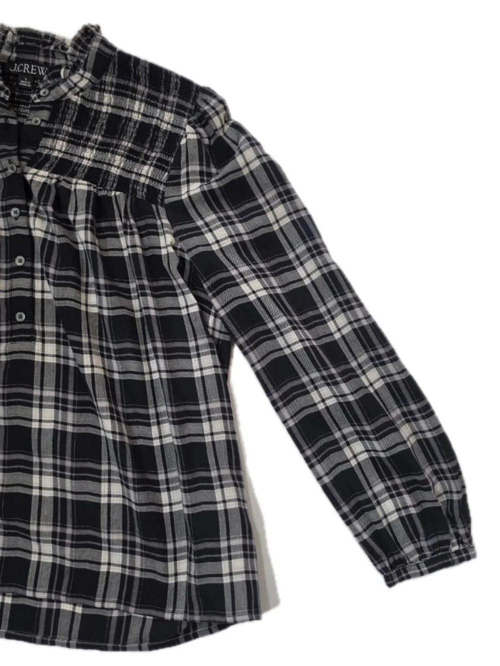 J.CREW Blouse Womens S‎ Black Tartan Plaid Mock Neck Long Sleeve Button Ruffle